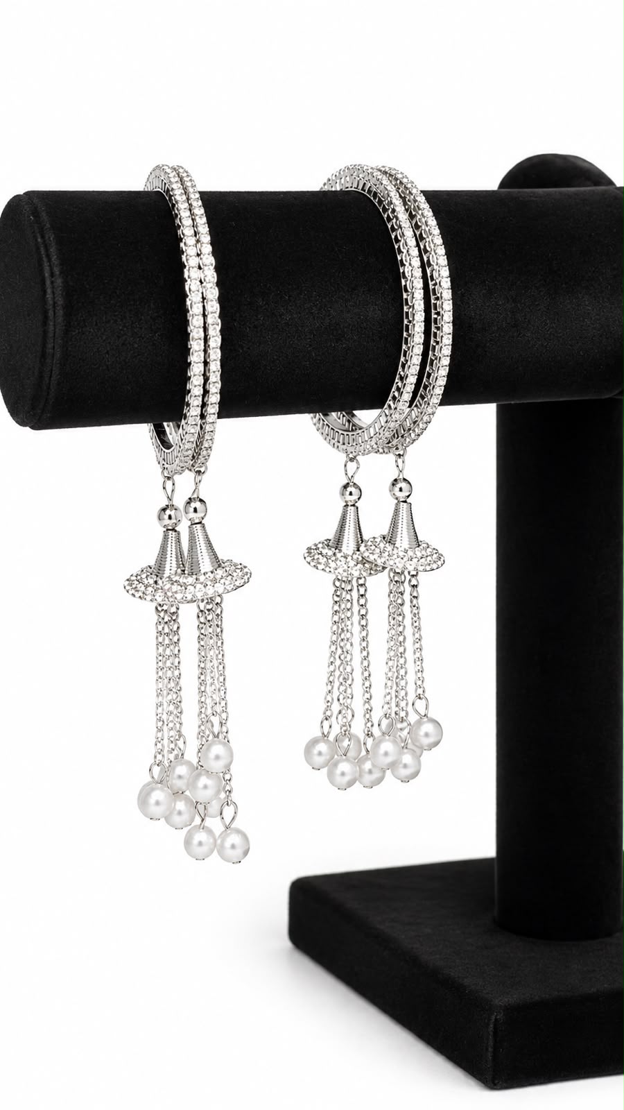 Silver-Toned American Diamond Pearl Tassel Bangle Set 
