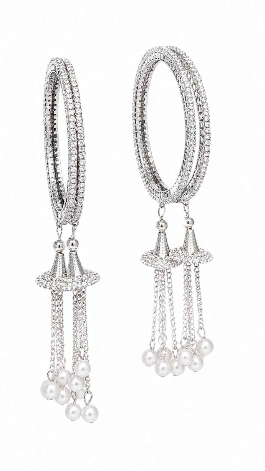 Silver-Toned American Diamond Pearl Tassel Bangle Set 