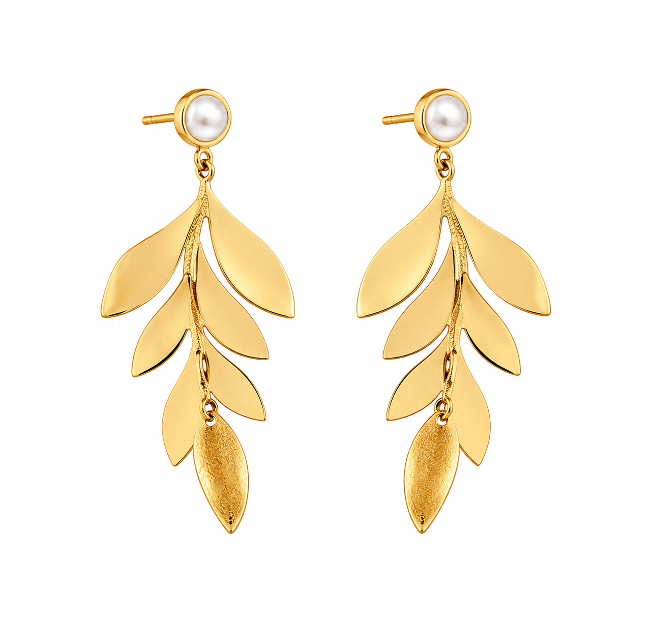 Gold-Toned Leaf Drop Earrings with Pearl-Style Stud 