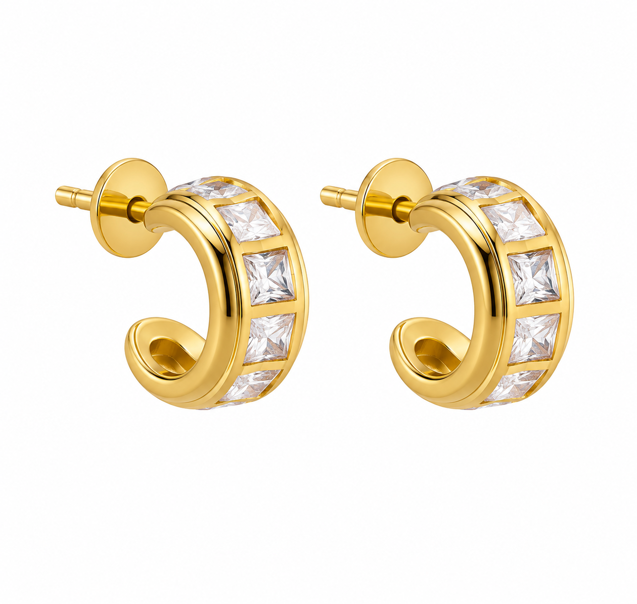 Gold-Toned Baguette Stone Huggie Hoop Earrings
