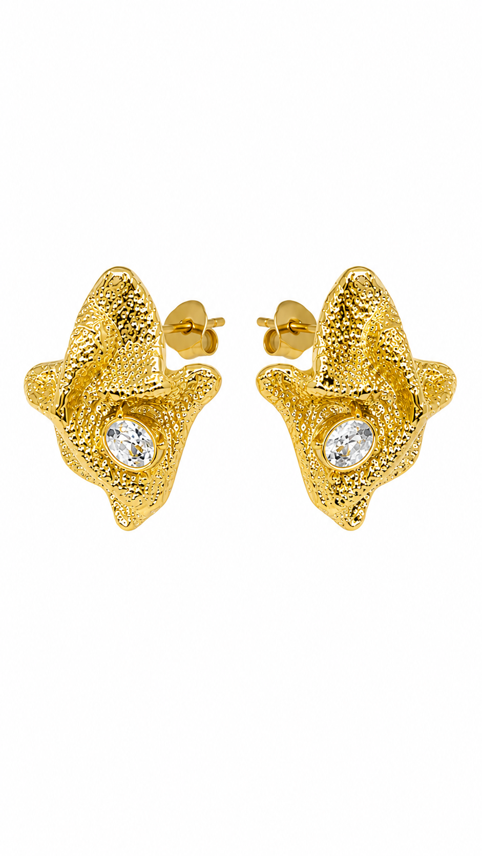 Gold-Toned Textured Star Stud Earrings with white Stone