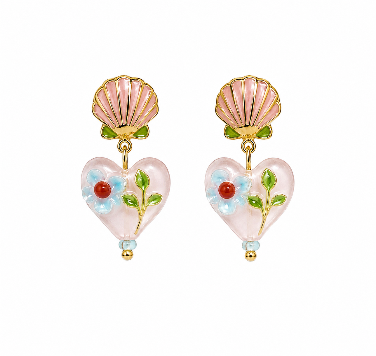 Gold-Toned Shell & Heart Enamel Drop Earrings