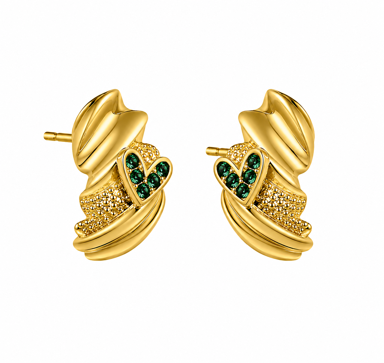 Gold-Toned Textured Stud Earrings with Green Heart 