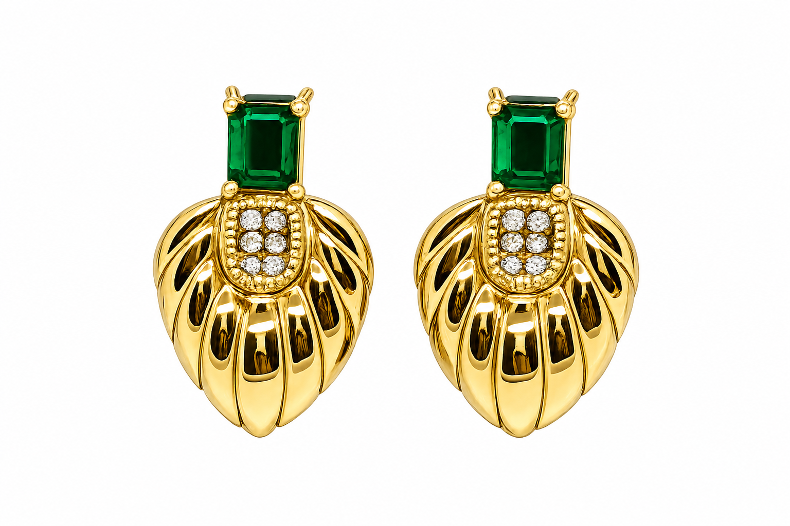 Gold-Toned Leaf Stud Earrings with Green & Clear Stones