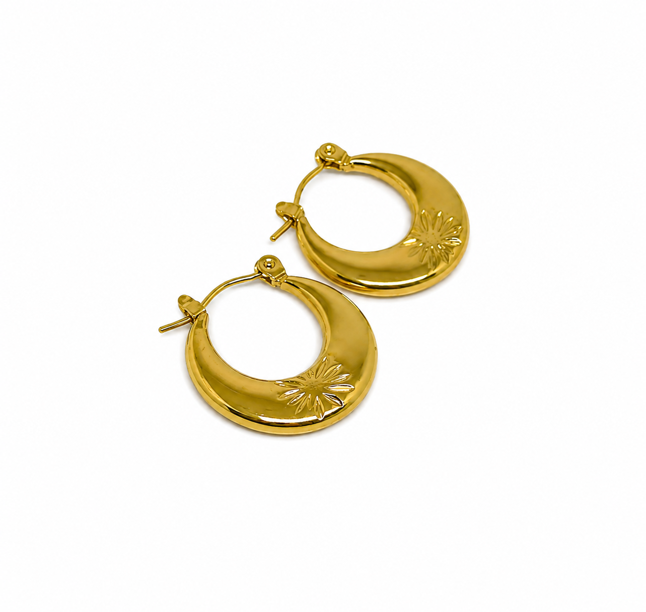 Gold-Toned Puffed Hoop Earrings with Star Etching