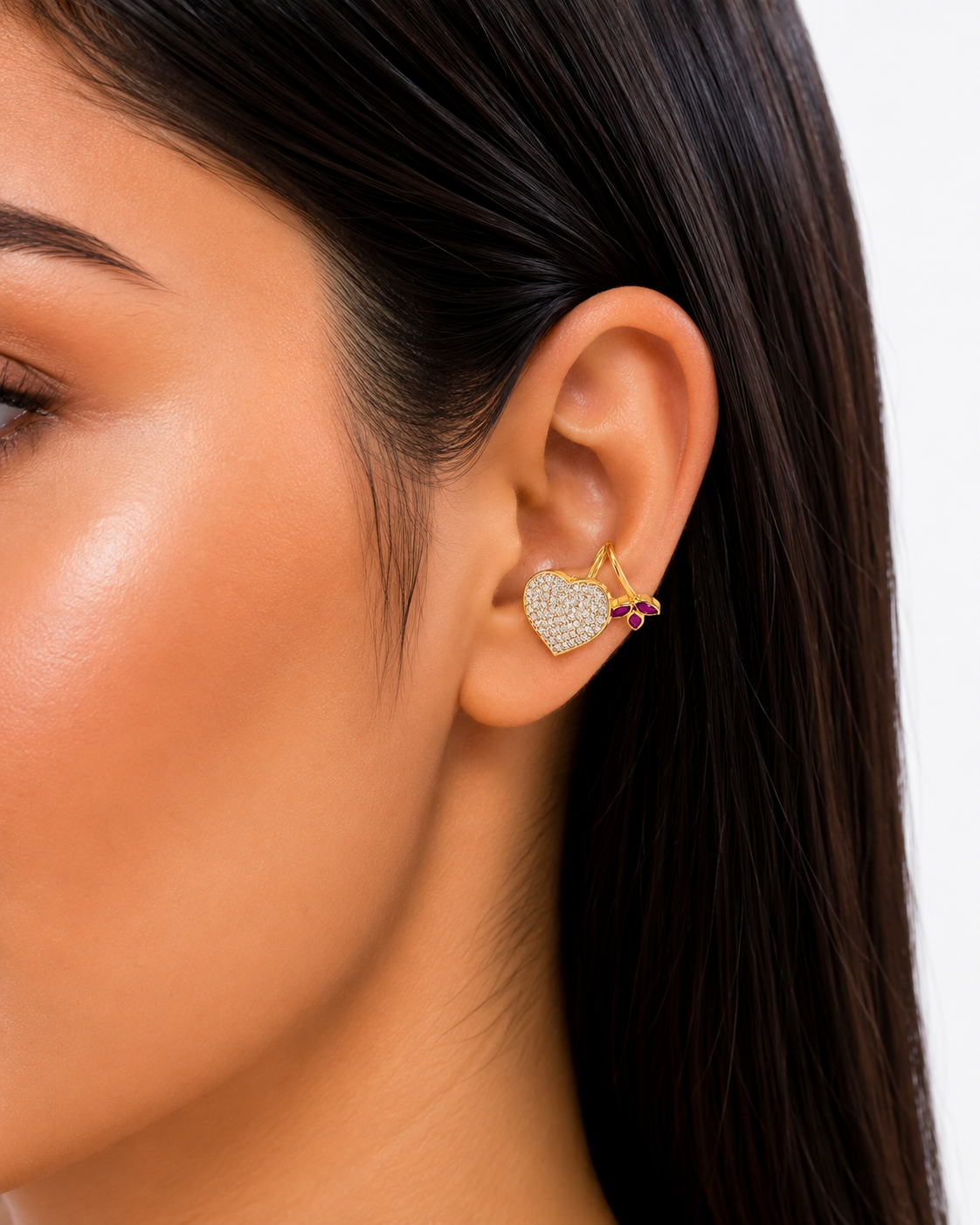 Pavé Heart Ear Cuff with Purple Leaf Accent, Gold-Toned