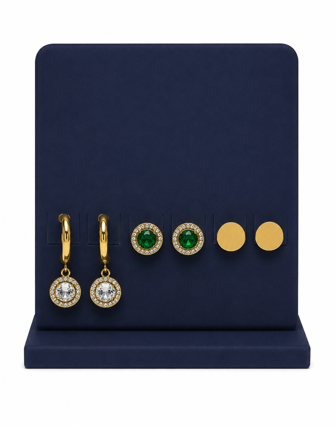 Gold-Toned Halo Drop & Emerald Stud Earrings Set