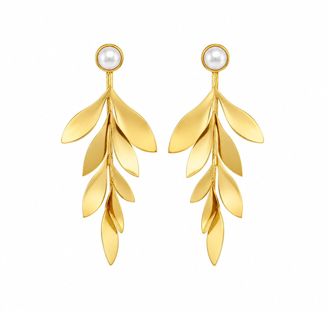 Gold-Toned Leaf Drop Earrings with Pearl-Style Stud 