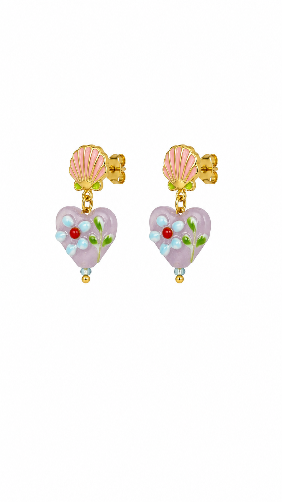 Gold-Toned Shell & Heart Enamel Drop Earrings