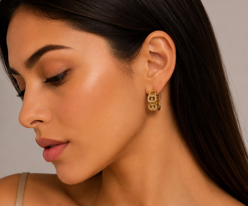  Gold-Toned Chain Link Hoop Earrings with Stone Detail