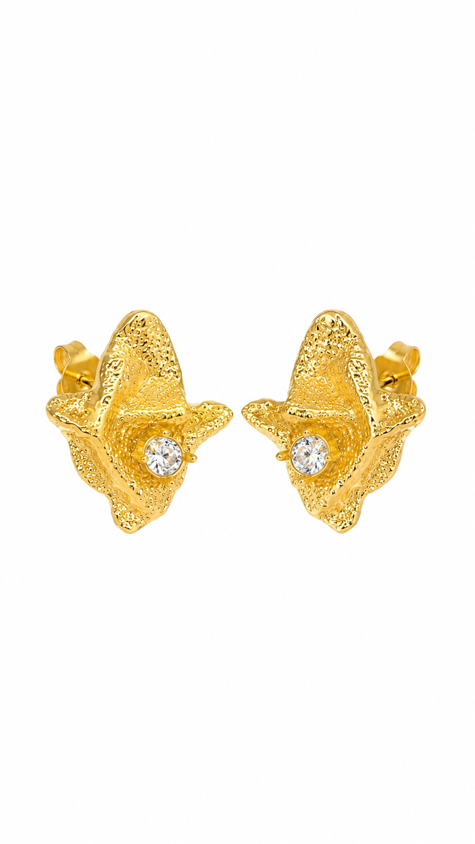 Gold-Toned Textured Star Stud Earrings with white Stone