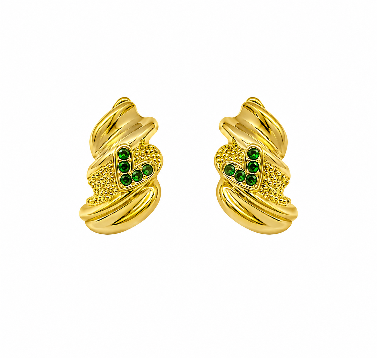 Gold-Toned Textured Stud Earrings with Green Heart 