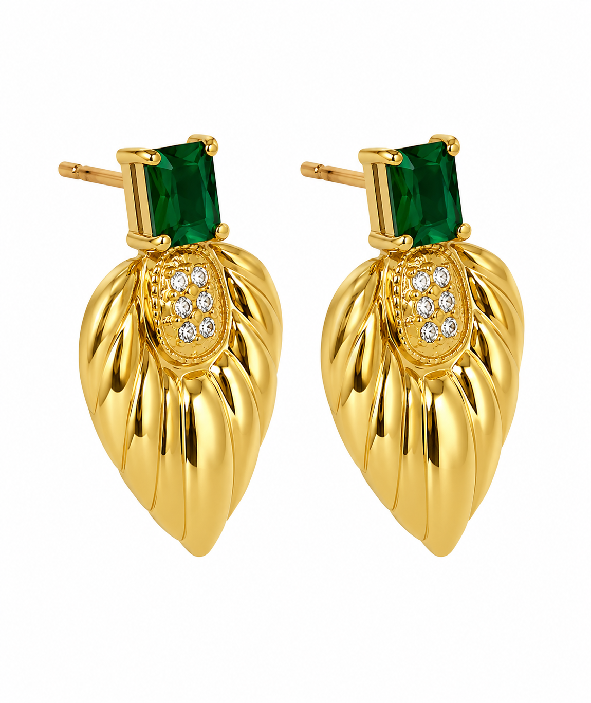 Gold-Toned Leaf Stud Earrings with Green & Clear Stones