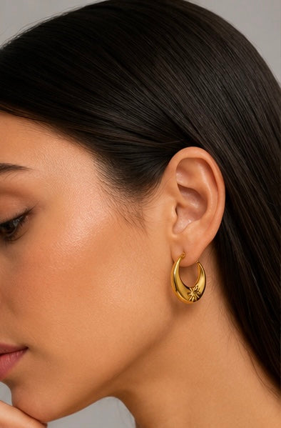 Gold-Toned Puffed Hoop Earrings with Star Etching