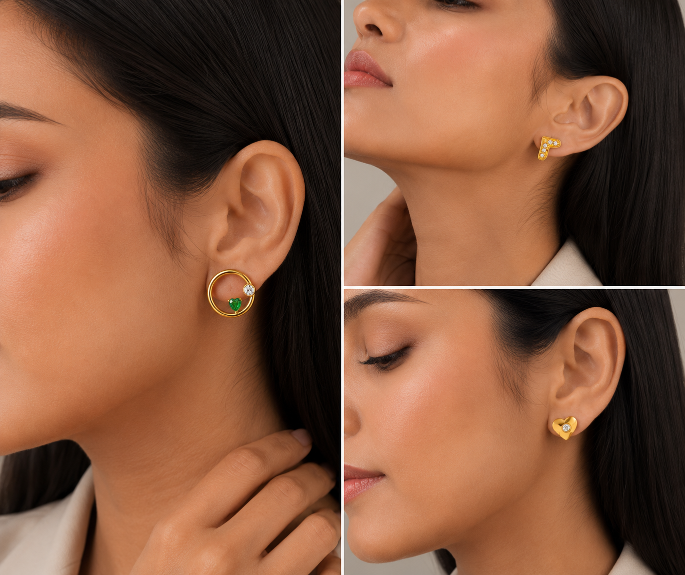 Gold-Toned Heart & Circle Stud Earrings Combo Set