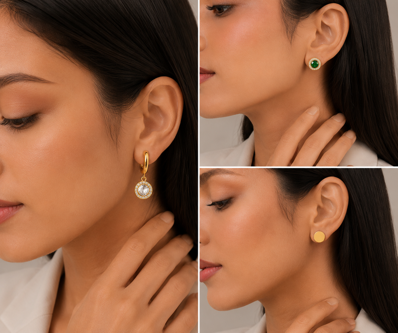 Gold-Toned Halo Drop & Emerald Stud Earrings Set