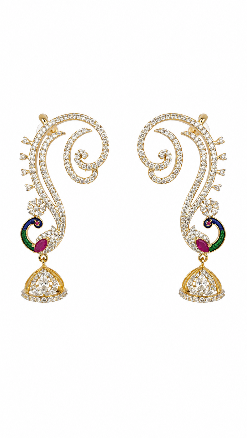 Peacock Motif Ear Cuff Jhumka Earrings, Gold-Toned