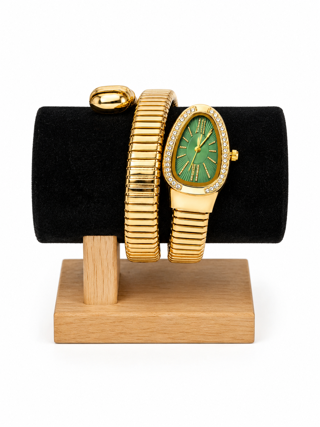 Gold-Toned Coiled Wrap Watch with Green Dial