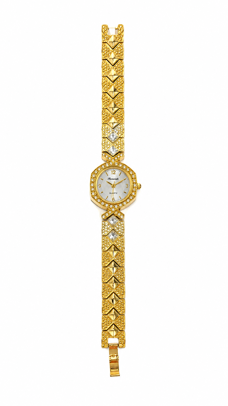 Gold-Toned Studded Silver Dial Bracelet Watch