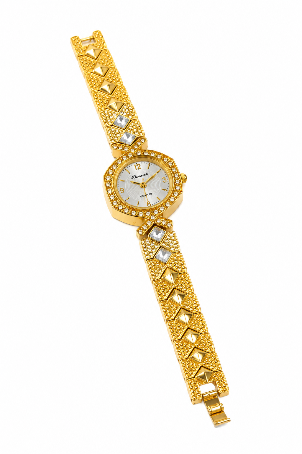 Gold-Toned Studded Silver Dial Bracelet Watch