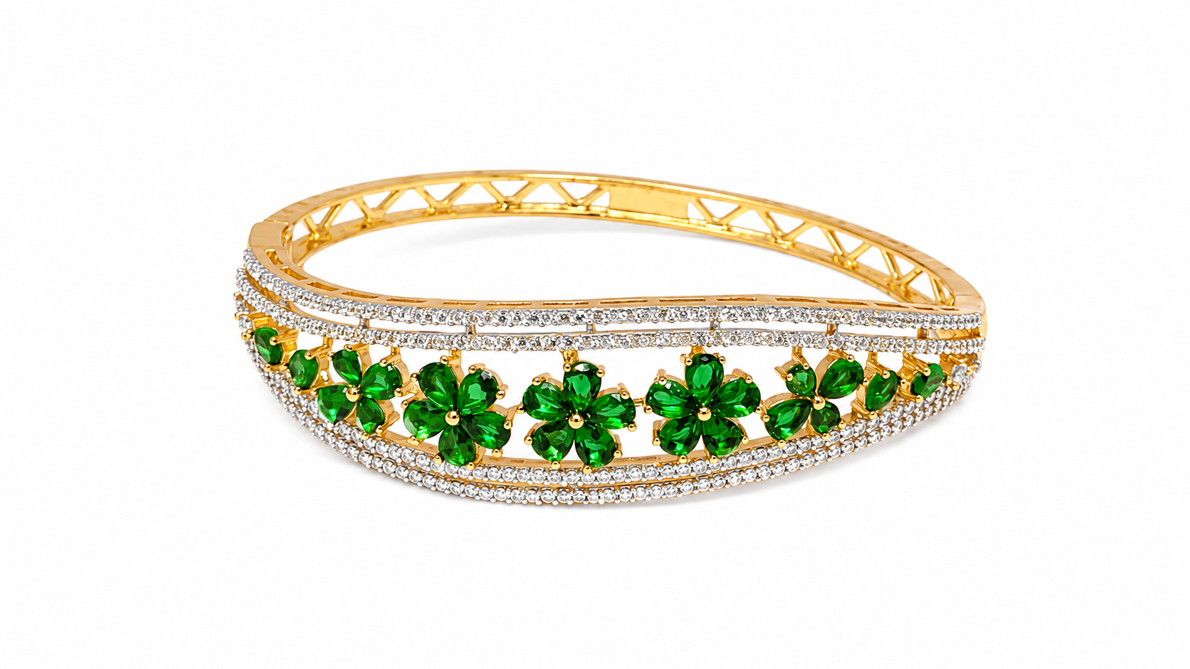 Gold-Toned American Diamond Green Floral Bangle Cum Bracelet
