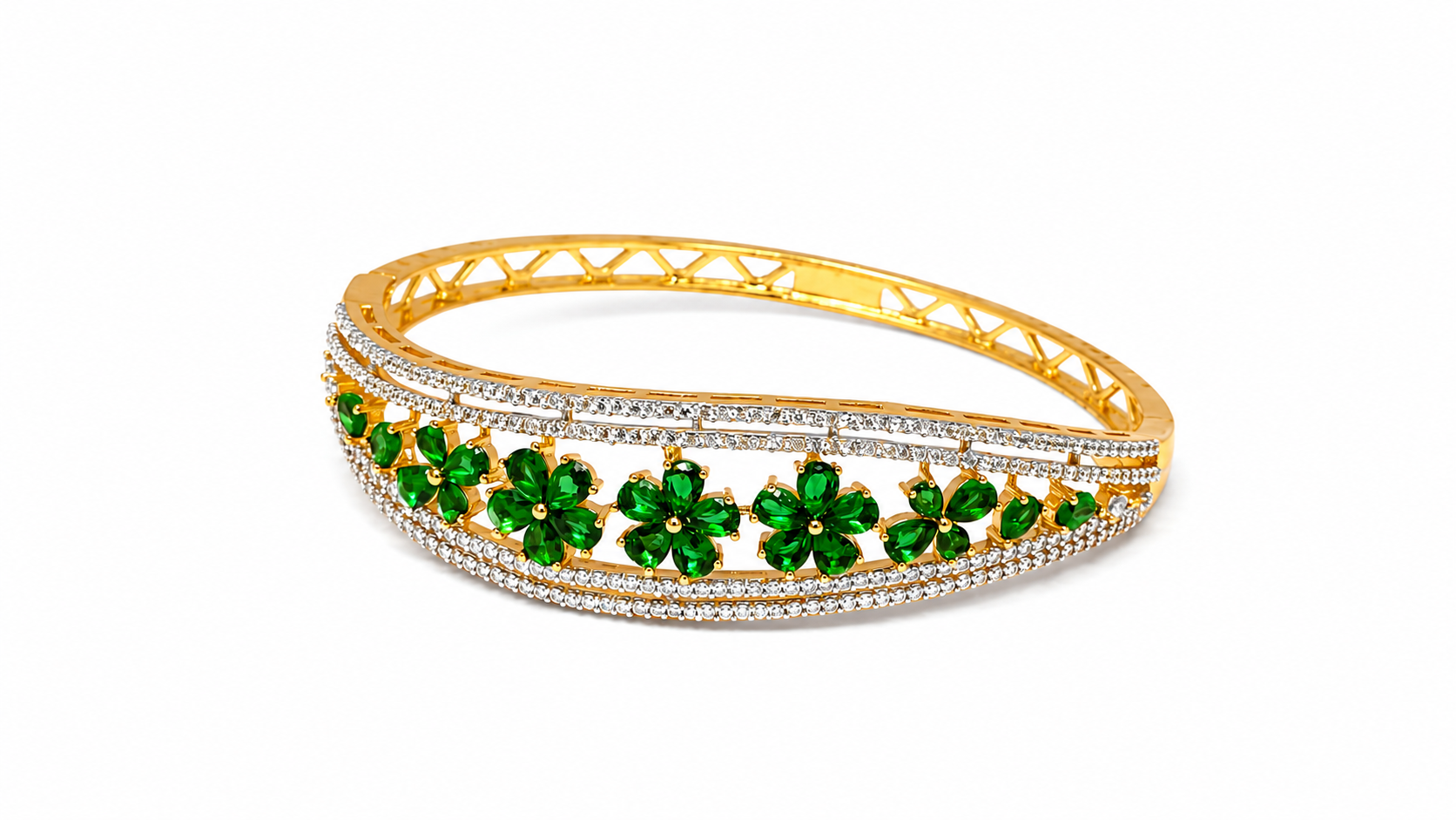 Gold-Toned American Diamond Green Floral Bangle Cum Bracelet