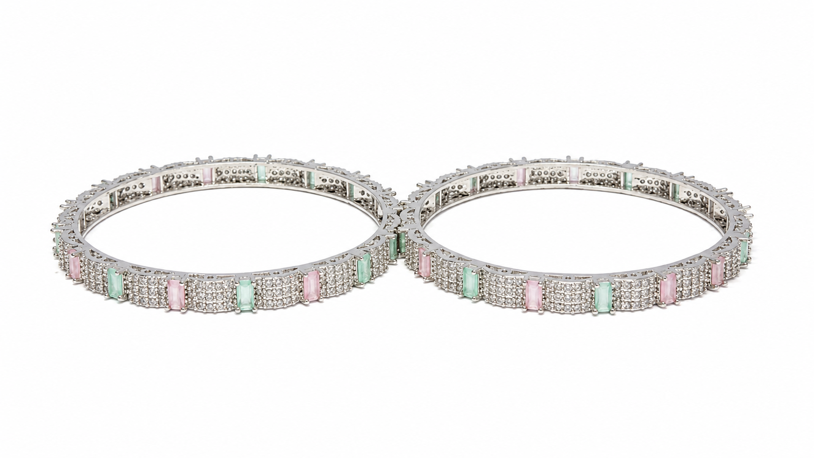 Silver-Toned American Diamond Pink & Mint Bangle Set