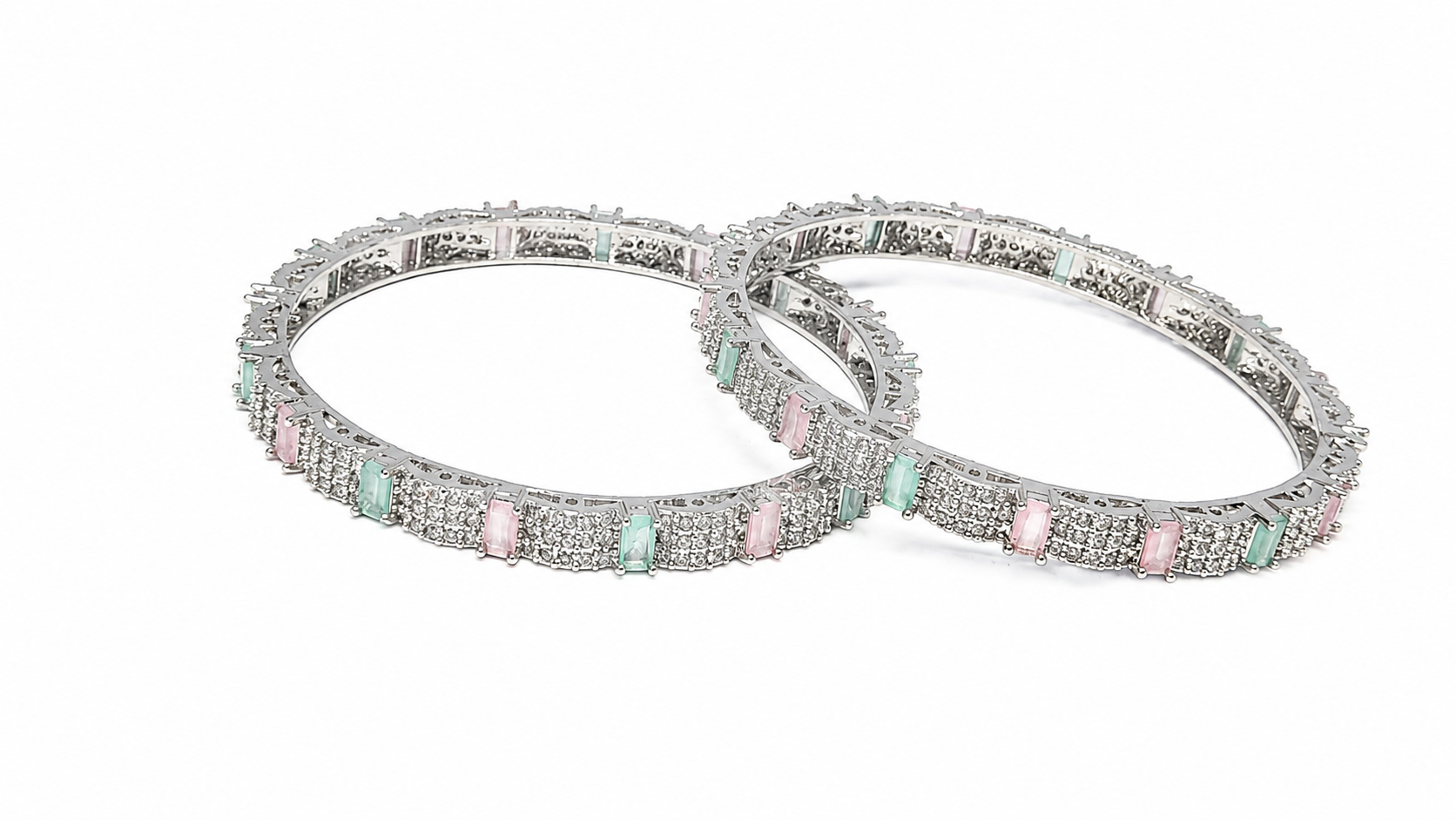 Silver-Toned American Diamond Pink & Mint Bangle Set