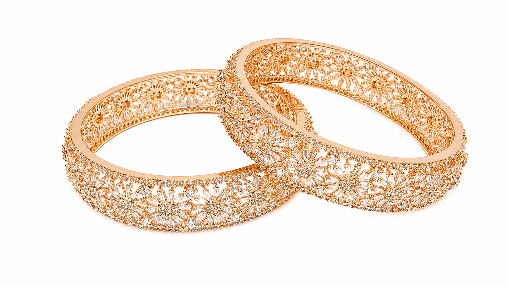 Rose Gold-Toned American Diamond Floral Bangle Set 