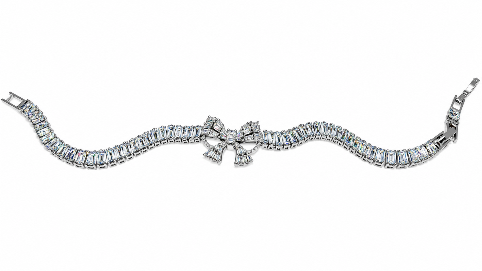 Silver-Toned Baguette Stone Bow Tennis Bracelet 