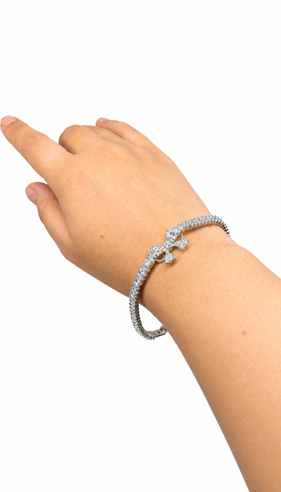 Silver-Toned Baguette Stone Bow Tennis Bracelet 