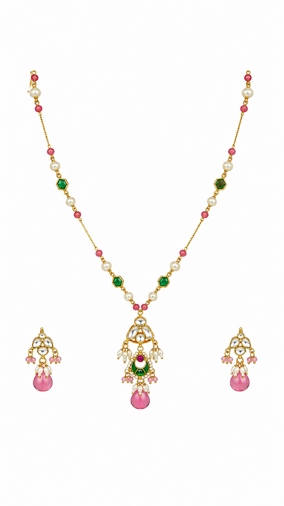 Gold-Toned Kundan Pearl Beaded Necklace Set