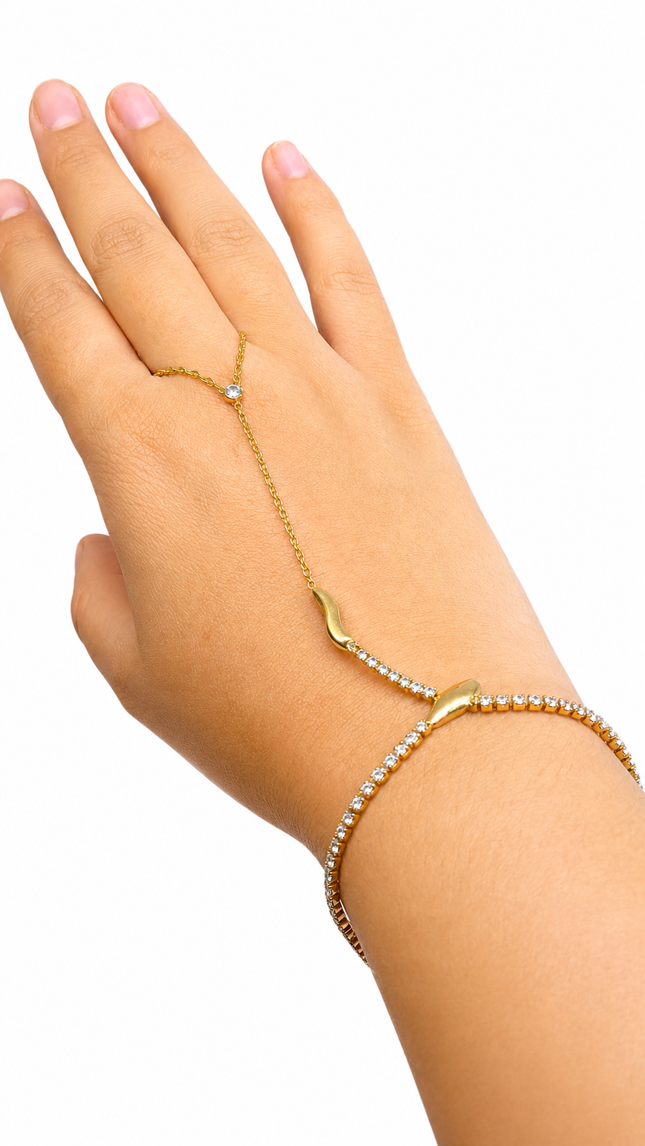 Gold-Toned Tennis-Style Hand Chain, Ring-to-Wrist